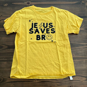 Kids Yellow Jesus Saves Bro Graphic Tee Lightning Bolt Short Sleeve Size M